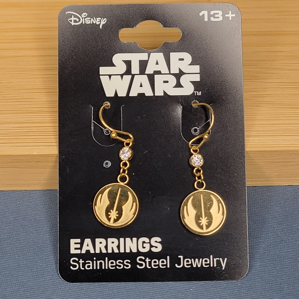 Star Wars Jedi Order Symbol Gold Tone w/CZ's Dangle Stainless Earrings - Picture 2 of 4